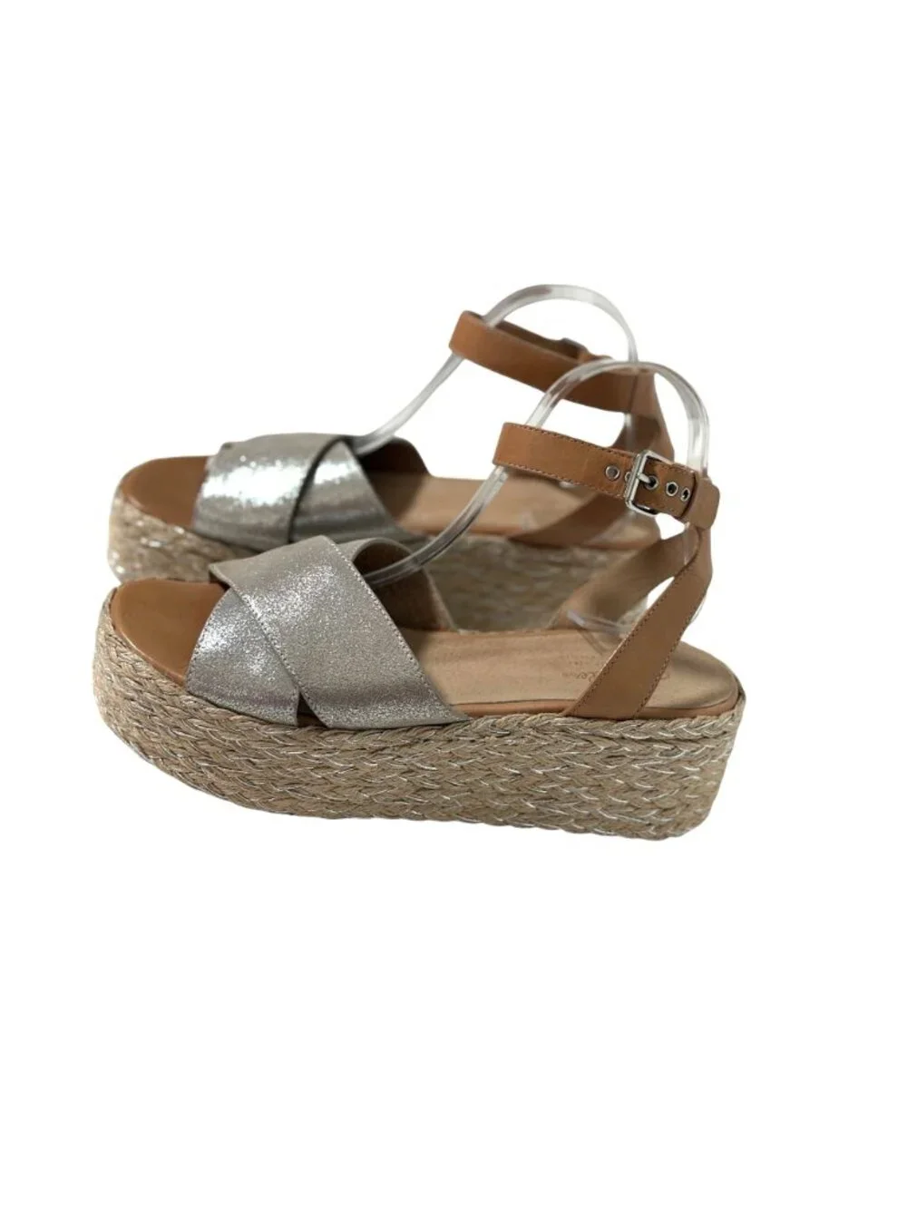 Seychelles Womens Size 10 Platform Silver Sandals Espadrille Buckle Leather Uppe